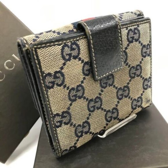 Authentic GUCCI Bifold Wallet Card Coin Case Purse Brown Navy With Box - Picture 2 of 10